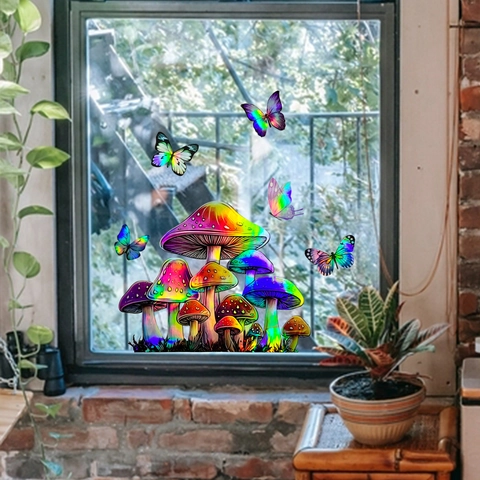 Holographic Laser Rainbow Window Stickers Fairy Peacock Mushroom Butterfly Suncatcher Wall Decal Self Adhesive Home Decor