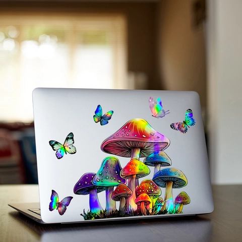 Holographic Mushroom Butterfly Wall Sticker Laser Gradient Rainbow Decal For Laptop Window Car Home Aesthetic Decoration