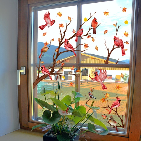 Pegatina Ventana Cardenal Pájaro Hoja Arce Estática Doble Cara PVC Cristal Decoración Otoño Naturaleza Ventana Vidrio Pegatina