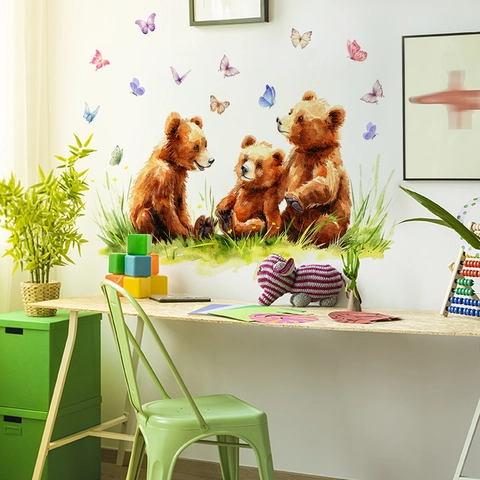 Adesivo da Parete Orsi e Farfalle ad Acquerello Impermeabile PVC Autoadesivo Rimovibile Decalcomania per Cameretta Bambini Decorazione