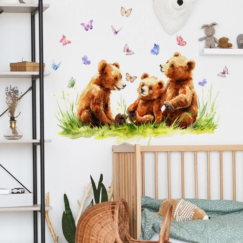 Adesivo da Parete Orsi e Farfalle ad Acquerello Impermeabile PVC Autoadesivo Rimovibile Decalcomania per Cameretta Bambini Decorazione