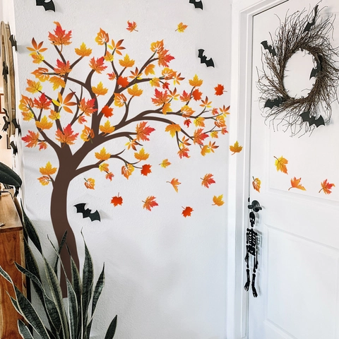Große Baum Wandsticker PVC Wasserdicht Abnehmbar Wandtattoo Für Kinderzimmer Dekor Aquarell Ahornblatt Vögel Wandbild