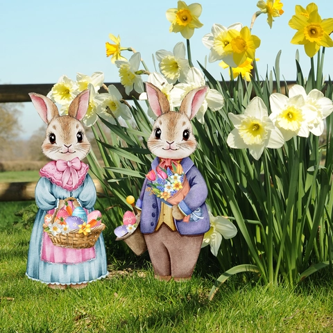 Osterhase Kaninchen Paar Gartenstecker PVC Wasserdicht Draußen Hof Kunst Frühling Pastoral Dekorative Schilder Rasen Ornament