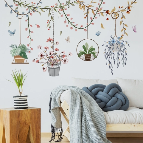 Modern Potted Plant Hanging Basket Butterfly Wall Sticker Removable PVC Watercolor Floral Decal For Home Living Room Bedroom Decor