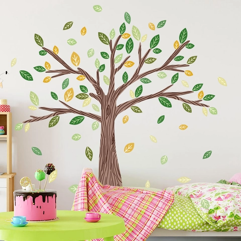 Große Baum Wandsticker PVC Wasserdicht Abnehmbar Wandtattoo Für Kinderzimmer Dekor Aquarell Ahornblatt Vögel Wandbild