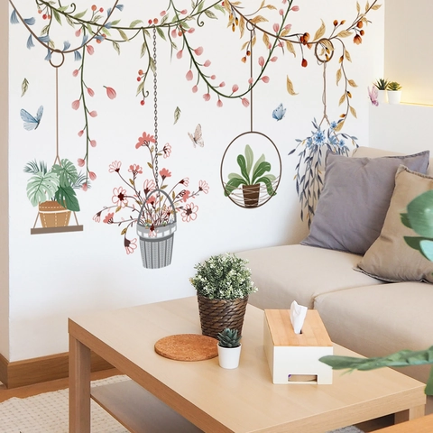 Modern Potted Plant Hanging Basket Butterfly Wall Sticker Removable PVC Watercolor Floral Decal For Home Living Room Bedroom Decor