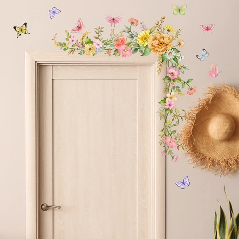 Simple Fresh Botanical Flower Butterfly Wall Sticker PVC Self-adhesive Removable Waterproof Home Decor Decal For Mirror Door Wall