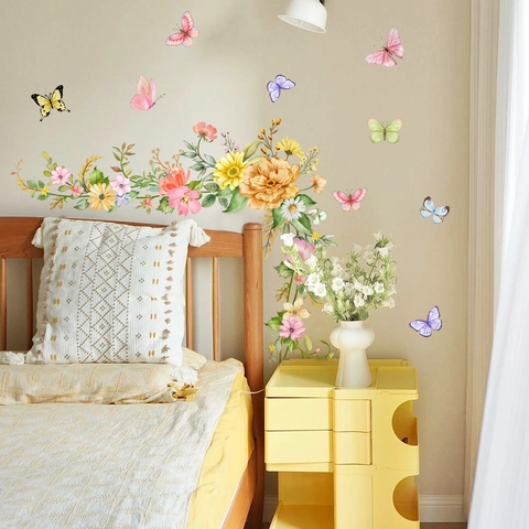 Simple Fresh Botanical Flower Butterfly Wall Sticker PVC Self-adhesive Removable Waterproof Home Decor Decal For Mirror Door Wall