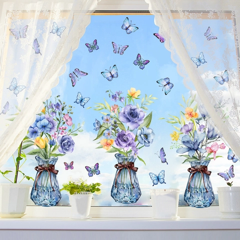 Aquarell Blumenvase Blaue Schmetterlinge Wandaufkleber PVC Abnehmbare Doppelseitige Fensterglasaufkleber Wohndekor