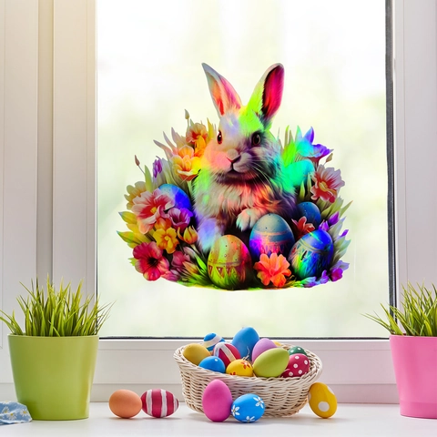 Laser Farbverlauf Bunter Osterhase Wandaufkleber Regenbogen Kaninchen Blume Ei Selbstklebend Fensteraufkleber Für Ostern Party Haus Deko