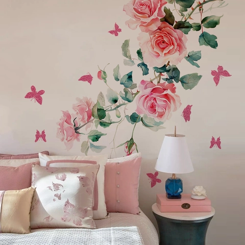 Rosa Rosenblütenranke Schmetterling Wandaufkleber PVC Selbstklebend Abnehmbar Wasserdicht Wandbild Für Schlafzimmer Badezimmer