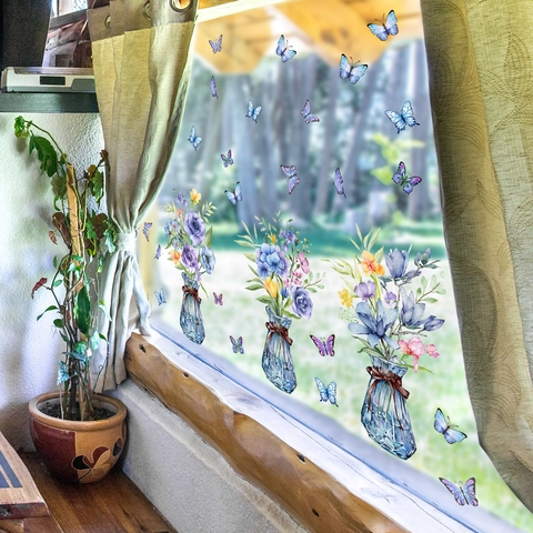 Aquarell Blumenvase Blaue Schmetterlinge Wandaufkleber PVC Abnehmbare Doppelseitige Fensterglasaufkleber Wohndekor