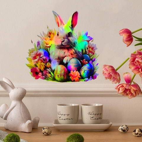 Laser Farbverlauf Bunter Osterhase Wandaufkleber Regenbogen Kaninchen Blume Ei Selbstklebend Fensteraufkleber Für Ostern Party Haus Deko