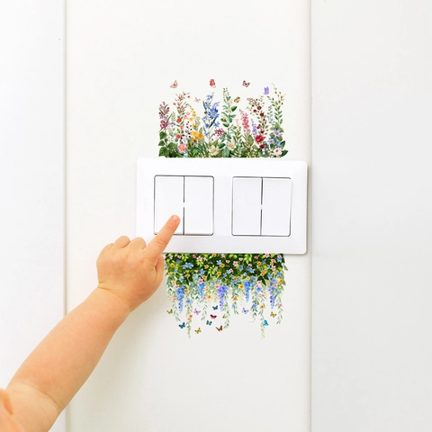 Autocollant Mural Interrupteur Fleurs Papillon Aquarelle PVC Autocollant Imperméable Décoration