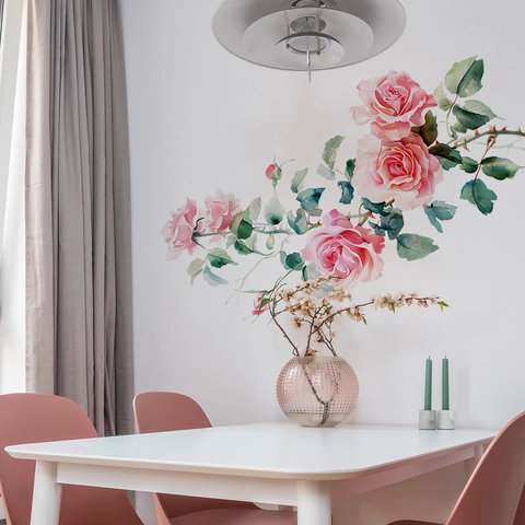 Rosa Rosenblütenranke Schmetterling Wandaufkleber PVC Selbstklebend Abnehmbar Wasserdicht Wandbild Für Schlafzimmer Badezimmer