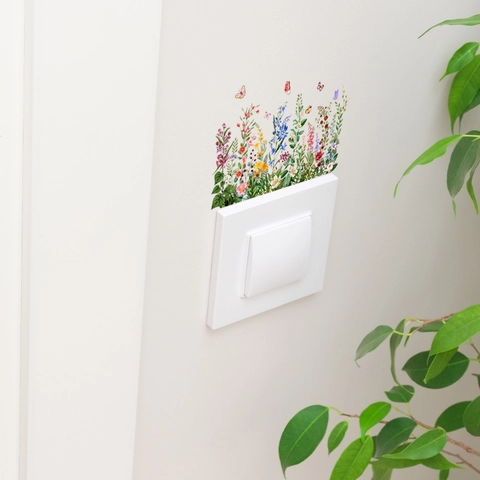 Autocollant Mural Interrupteur Fleurs Papillon Aquarelle PVC Autocollant Imperméable Décoration