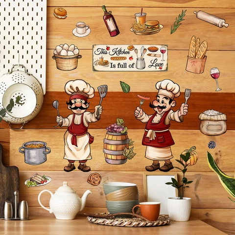 Cartoon Chef Kitchen Wall Stickers PVC Waterproof Food Pattern Fridge Decor Decals For Dining Room Restaurant Home Decoration