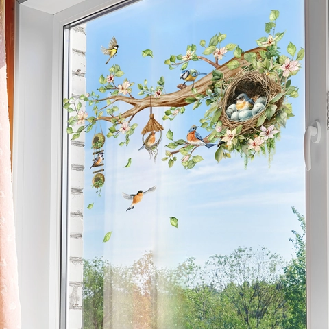 Vogel Baumzweig Wandaufkleber Nest Eier Doppelseitig Aquarell Glas Fensteraufkleber Wohnzimmer Dekor PVC Wasserdicht
