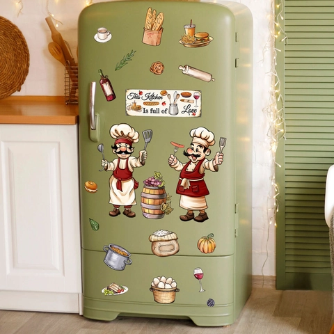 Cartoon Chef Kitchen Wall Stickers PVC Waterproof Food Pattern Fridge Decor Decals For Dining Room Restaurant Home Decoration