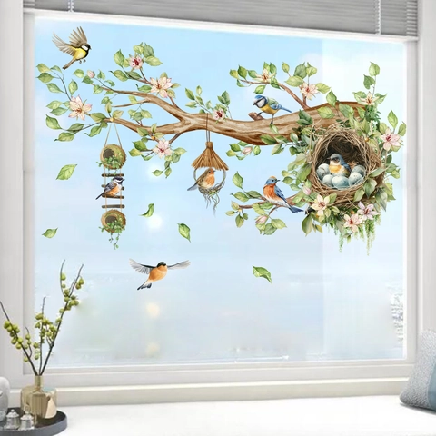 Vogel Baumzweig Wandaufkleber Nest Eier Doppelseitig Aquarell Glas Fensteraufkleber Wohnzimmer Dekor PVC Wasserdicht