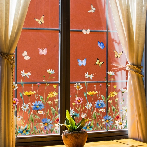 Blumen Schmetterling Fensterbilder Statische Haftung Doppelseitig PVC Aquarell Florale Dekorative Aufkleber