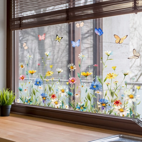 Blumen Schmetterling Fensterbilder Statische Haftung Doppelseitig PVC Aquarell Florale Dekorative Aufkleber