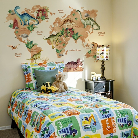 Cartoon Dinosaur World Map Wall Sticker For Kids Room Waterproof PVC Self Adhesive Removable Educational Geography Mural Home Decor