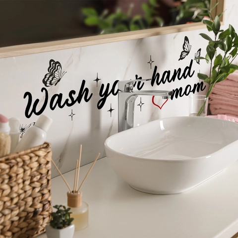 Αυτοκόλλητο Τοίχου Wash Your Hand Mom Αφαιρούμενο PVC Διακόσμηση Με Πεταλούδα Καρδιά Για Μπάνιο Μινιμαλιστικό