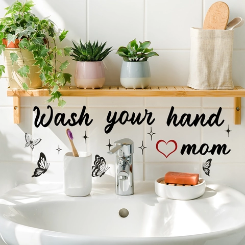 Αυτοκόλλητο Τοίχου Wash Your Hand Mom Αφαιρούμενο PVC Διακόσμηση Με Πεταλούδα Καρδιά Για Μπάνιο Μινιμαλιστικό