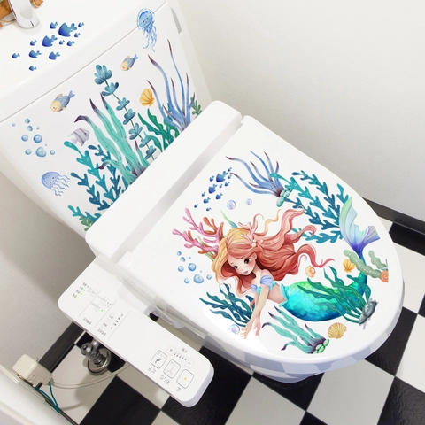 Autocollant De Toilette Sirène Étanche PVC Sous-Marin Algues Méduse Amovible Décor D'Art Mural De Salle De Bain Dessin Animé