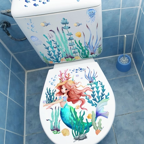 Autocollant De Toilette Sirène Étanche PVC Sous-Marin Algues Méduse Amovible Décor D'Art Mural De Salle De Bain Dessin Animé