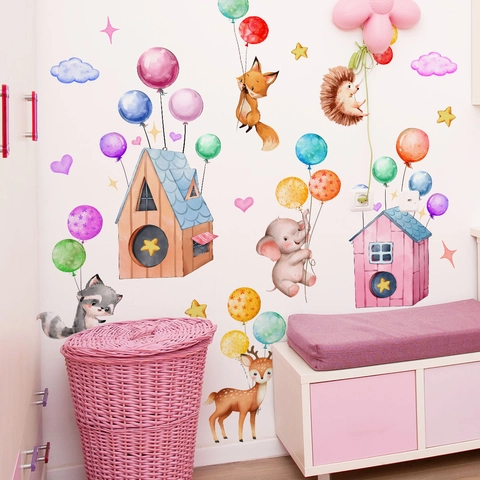 Stickers Muraux Animaux Dessin Animé PVC Imperméable Autocollant Aquarelle Éléphant Renard Décor Pour Chambre Enfant