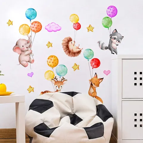 Stickers Muraux Animaux Dessin Animé PVC Imperméable Autocollant Aquarelle Éléphant Renard Décor Pour Chambre Enfant
