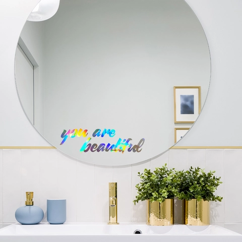 Adesivo Specchio Citazione Ispiratrice Olografico Laser You Are Beautiful Scritta Decalcomania Autoadesiva Arredamento Iridato