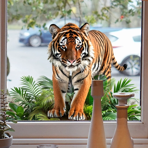 3D Tiger Window Sticker Realistic Tropical Green Plants Static Cling Glass Decal Waterproof Double Sided Home Decor