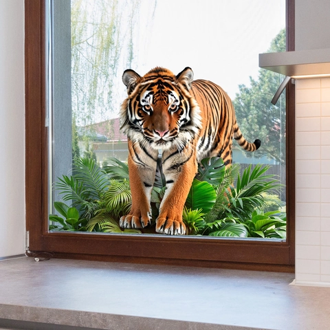 3D Tiger Window Sticker Realistic Tropical Green Plants Static Cling Glass Decal Waterproof Double Sided Home Decor