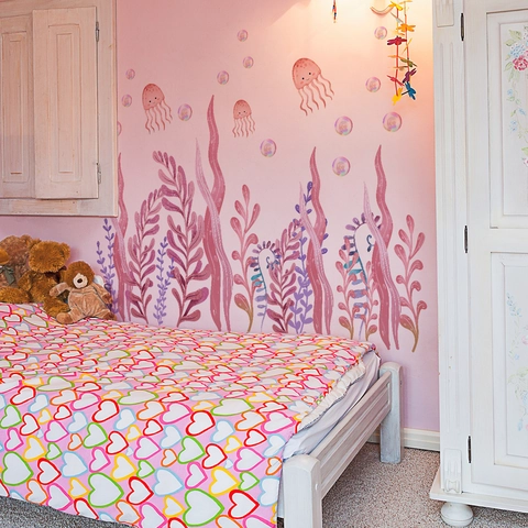 Autocollants Muraux Algues Méduse Rose PVC Imperméable Autocollant Pour Chambre Enfants Filles Décor Aquarelle Monde Océan