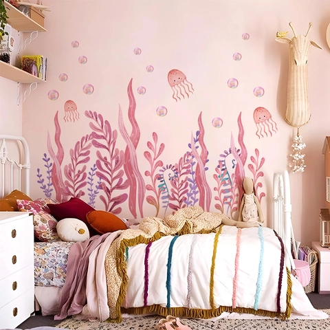 Autocollants Muraux Algues Méduse Rose PVC Imperméable Autocollant Pour Chambre Enfants Filles Décor Aquarelle Monde Océan