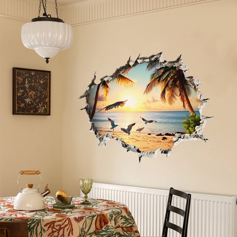 3D Broken Wall Effect Sunset Beach Landscape Wall Sticker PVC Self Adhesive Waterproof Tropical Palm Trees Seagulls Home Decor