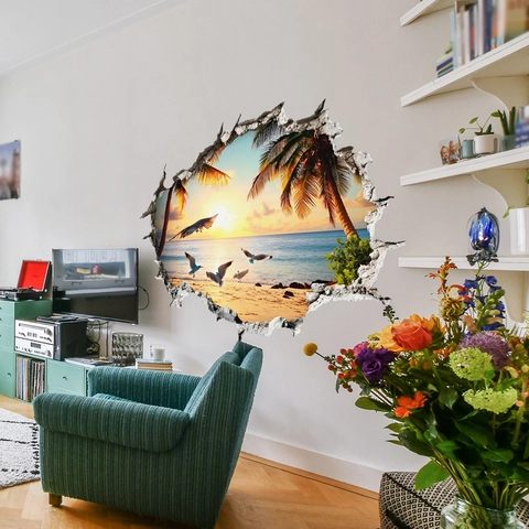 3D Broken Wall Effect Sunset Beach Landscape Wall Sticker PVC Self Adhesive Waterproof Tropical Palm Trees Seagulls Home Decor