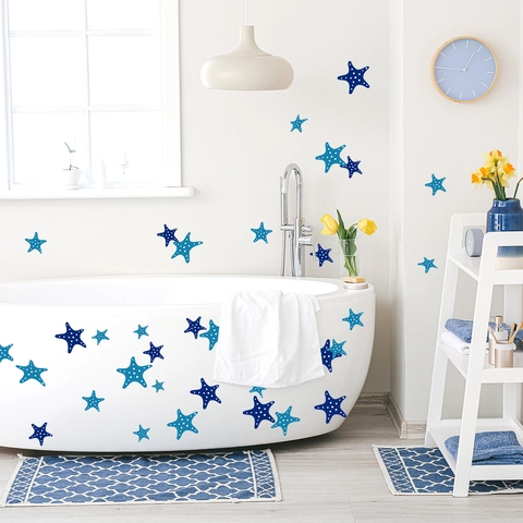 Pegatinas de Pared de Baño Estrella de Mar Azul Impermeable PVC Lunares Calcomanías para Bañera Ducha Arte Mural Decorativo Marino Set