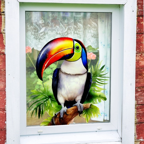 Toucan Window Sticker Static Cling PVC Double Sided Visible Tropical Bird Leaves Hand Painted Watercolor Glass Decor