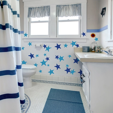 Pegatinas de Pared de Baño Estrella de Mar Azul Impermeable PVC Lunares Calcomanías para Bañera Ducha Arte Mural Decorativo Marino Set