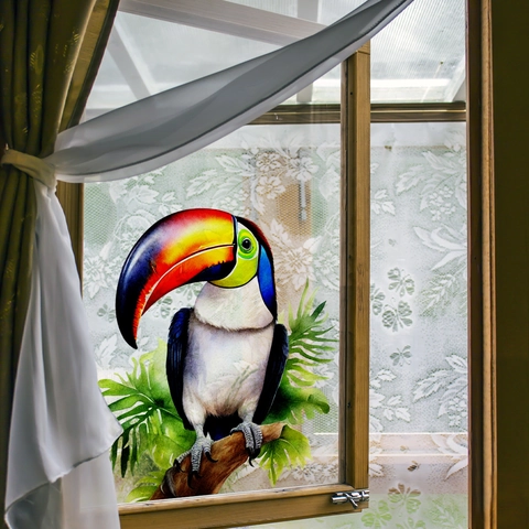 Toucan Window Sticker Static Cling PVC Double Sided Visible Tropical Bird Leaves Hand Painted Watercolor Glass Decor