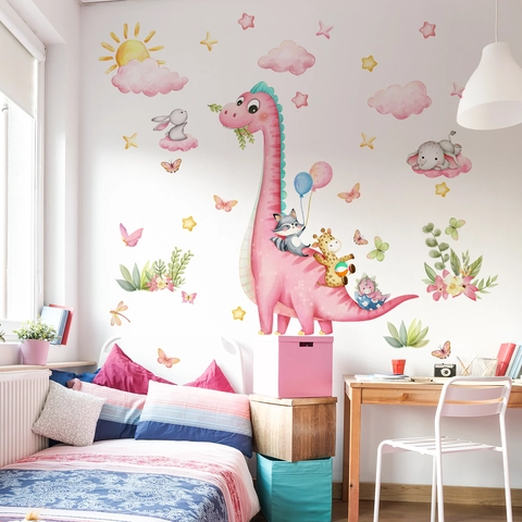 Adesivi Murali Animali Dinosauro Rosa Cartone Animato Stile Acquerello PVC Decalcomanie per Cameretta Bambini Decorazione
