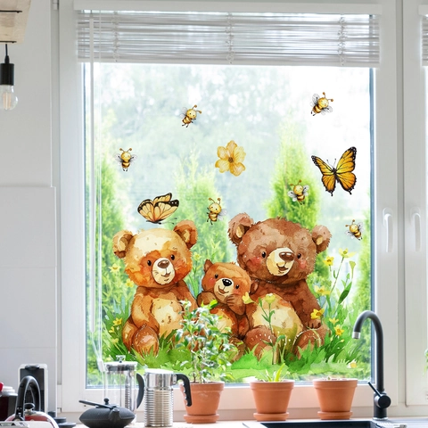 Aquarell Bärenfamilie Fensteraufkleber Wasserdicht PVC Cartoon Biene Schmetterling Floral Wandtattoo Für Kinderzimmer Haus Dekor