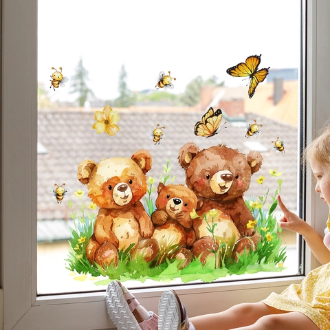 Aquarell Bärenfamilie Fensteraufkleber Wasserdicht PVC Cartoon Biene Schmetterling Floral Wandtattoo Für Kinderzimmer Haus Dekor