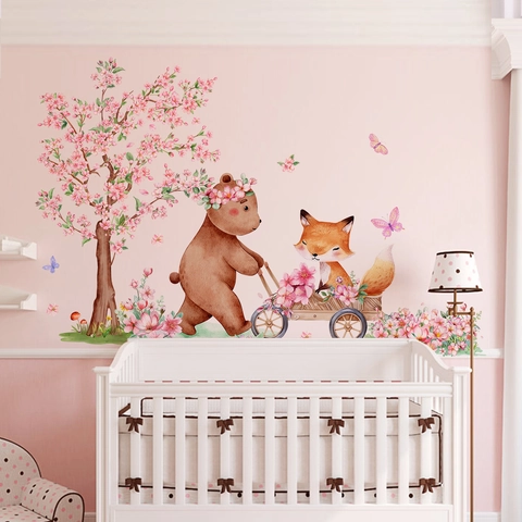 Adesivi Murali Orso Volpe Albero Di Ciliegio Farfalla PVC Impermeabile Stile Acquerello Decorazione Camera Bambini