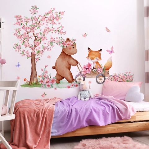 Adesivi Murali Orso Volpe Albero Di Ciliegio Farfalla PVC Impermeabile Stile Acquerello Decorazione Camera Bambini