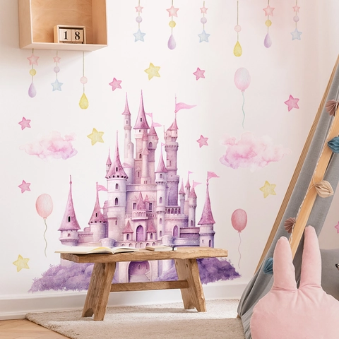 Watercolor Castle Wall Stickers For Kids Room Pink Purple Star Cloud Rainbow Decoration PVC Peel And Stick Nursery Wallpaper